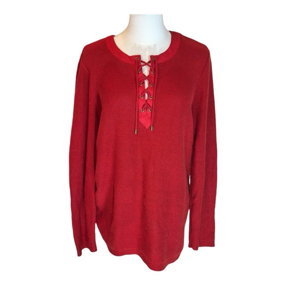 Lauren Ralph Lauren size Large red long sleeve cotton waffle sweater - Picture 3 of 15
